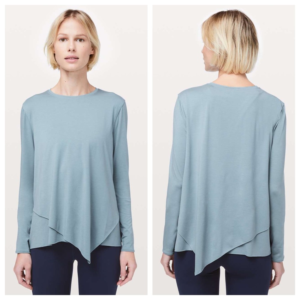 Lululemon Sweetest‎ Day Tencel Blue Cast Asymmetrical Raw Edge Top Size 12